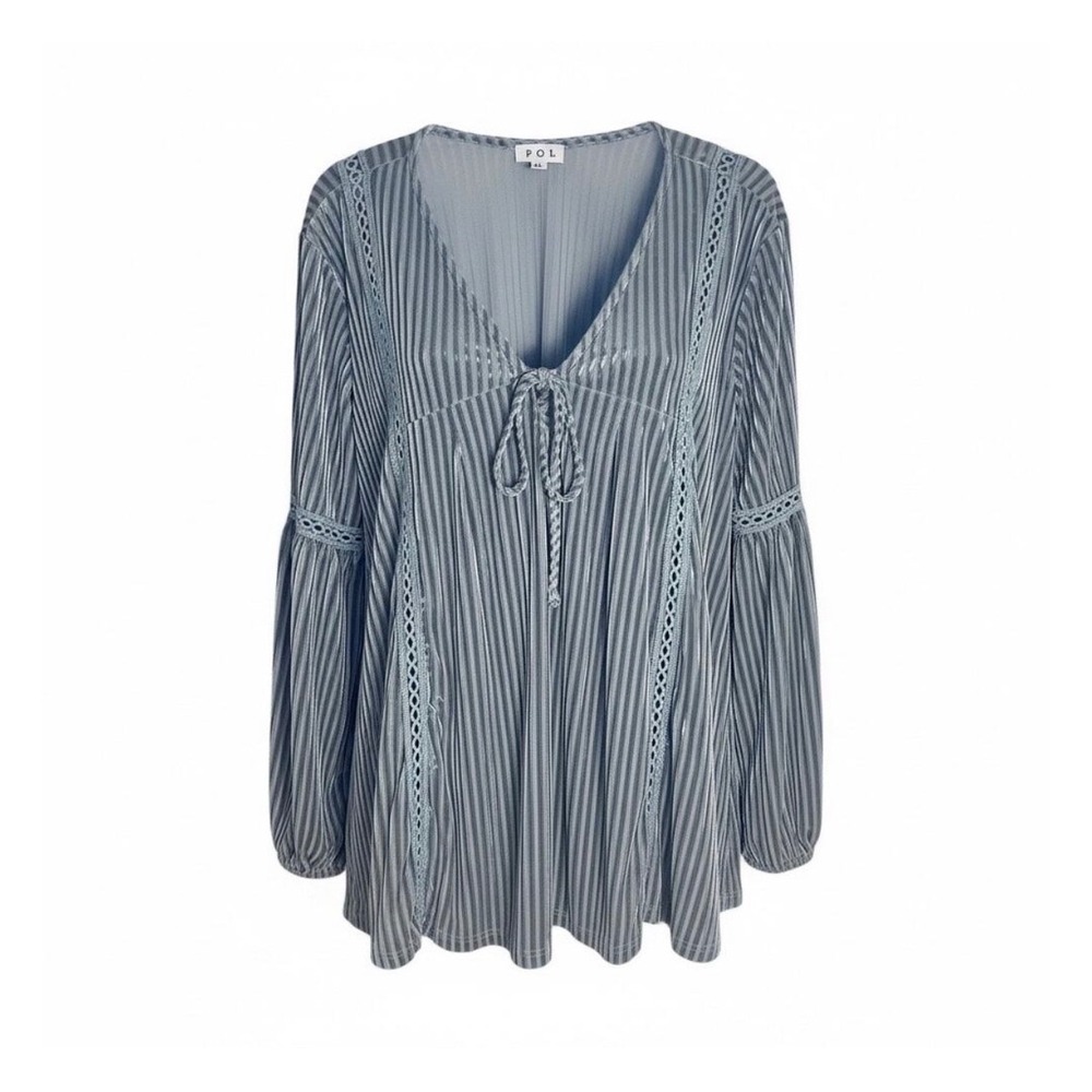 POL Top Womens Medium Blue Pleated Velvet Crochet Trim Front Tie Boho BWJ17A